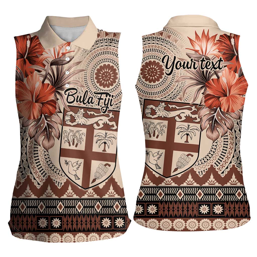 Vintage Bula Fiji Personalised Women Sleeveless Polo Shirt Beige Hibiscus Tapa Pattern