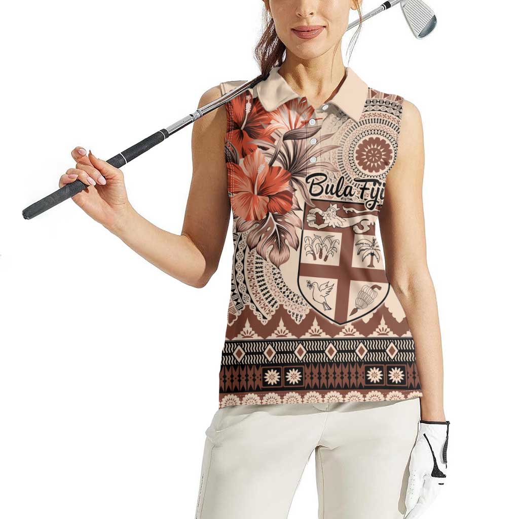 Vintage Bula Fiji Personalised Women Sleeveless Polo Shirt Beige Hibiscus Tapa Pattern