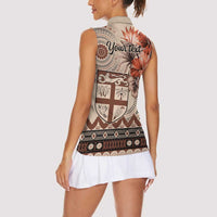 Vintage Bula Fiji Personalised Women Sleeveless Polo Shirt Beige Hibiscus Tapa Pattern