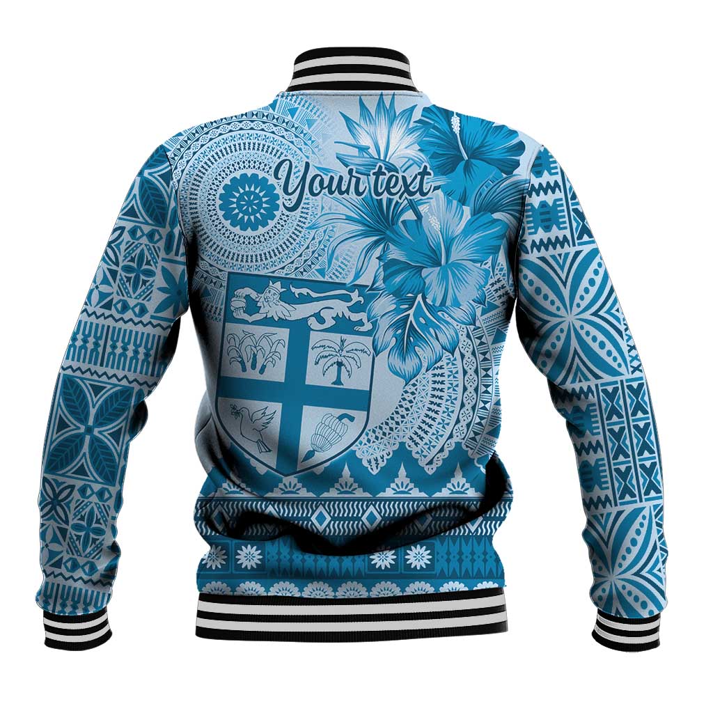 Vintage Bula Fiji Personalised Baseball Jacket Blue Hibiscus Tapa Pattern