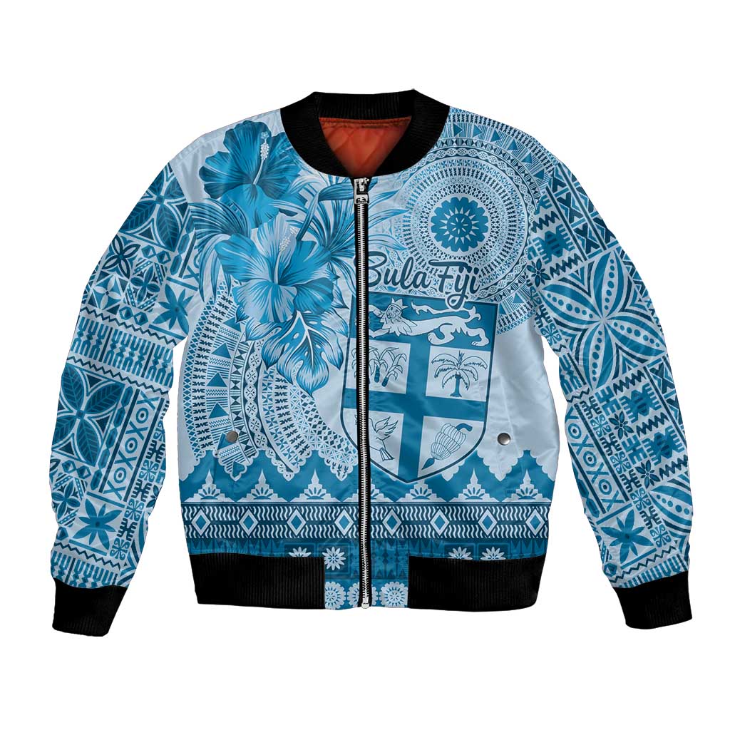 Vintage Bula Fiji Personalised Bomber Jacket Blue Hibiscus Tapa Pattern