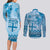 Vintage Bula Fiji Personalised Couples Matching Long Sleeve Bodycon Dress and Long Sleeve Button Shirt Blue Hibiscus Tapa Pattern