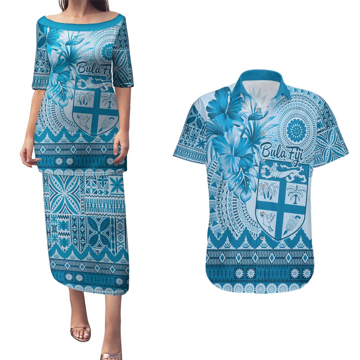 Vintage Bula Fiji Personalised Couples Matching Puletasi and Hawaiian Shirt Blue Hibiscus Tapa Pattern