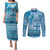 Vintage Bula Fiji Personalised Couples Matching Puletasi and Long Sleeve Button Shirt Blue Hibiscus Tapa Pattern