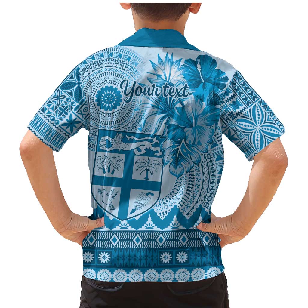 Vintage Bula Fiji Personalised Family Matching Mermaid Dress and Hawaiian Shirt Blue Hibiscus Tapa Pattern LT9 - Polynesian Pride