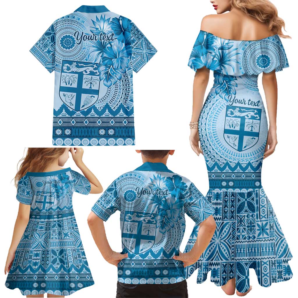 Vintage Bula Fiji Personalised Family Matching Mermaid Dress and Hawaiian Shirt Blue Hibiscus Tapa Pattern LT9 - Polynesian Pride
