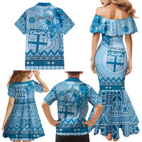 Vintage Bula Fiji Personalised Family Matching Mermaid Dress and Hawaiian Shirt Blue Hibiscus Tapa Pattern LT9 - Polynesian Pride