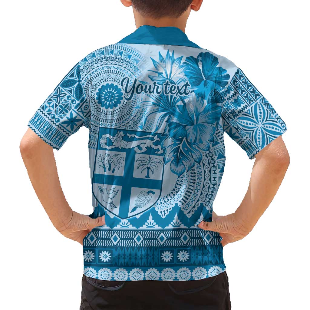 Vintage Bula Fiji Personalised Family Matching Off Shoulder Maxi Dress and Hawaiian Shirt Blue Hibiscus Tapa Pattern