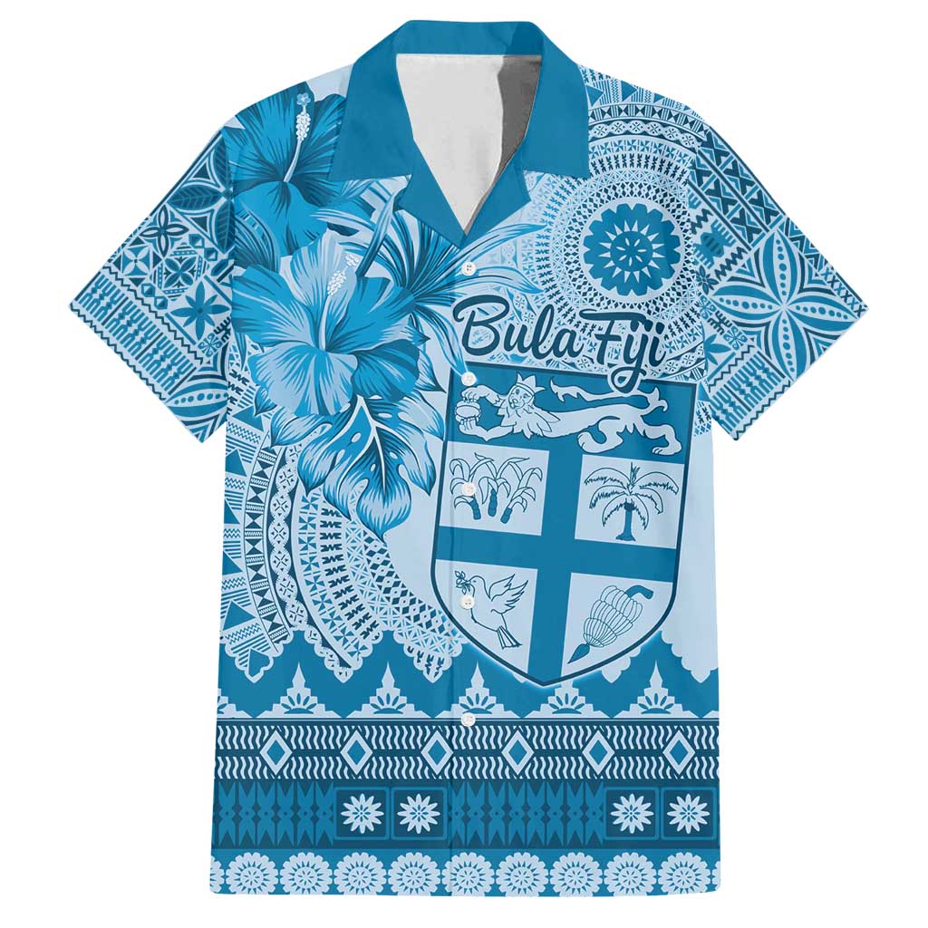 Vintage Bula Fiji Personalised Family Matching Off Shoulder Maxi Dress and Hawaiian Shirt Blue Hibiscus Tapa Pattern