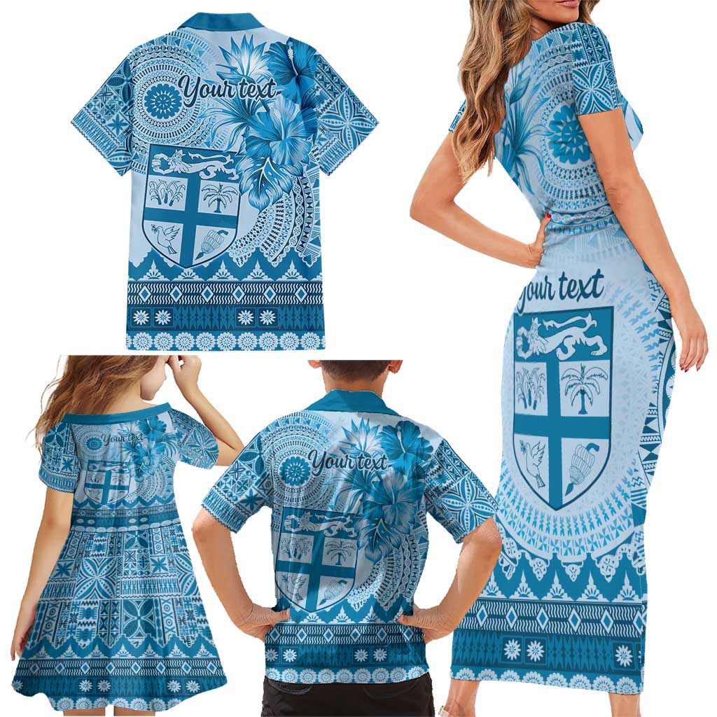 Vintage Bula Fiji Personalised Family Matching Short Sleeve Bodycon Dress and Hawaiian Shirt Blue Hibiscus Tapa Pattern