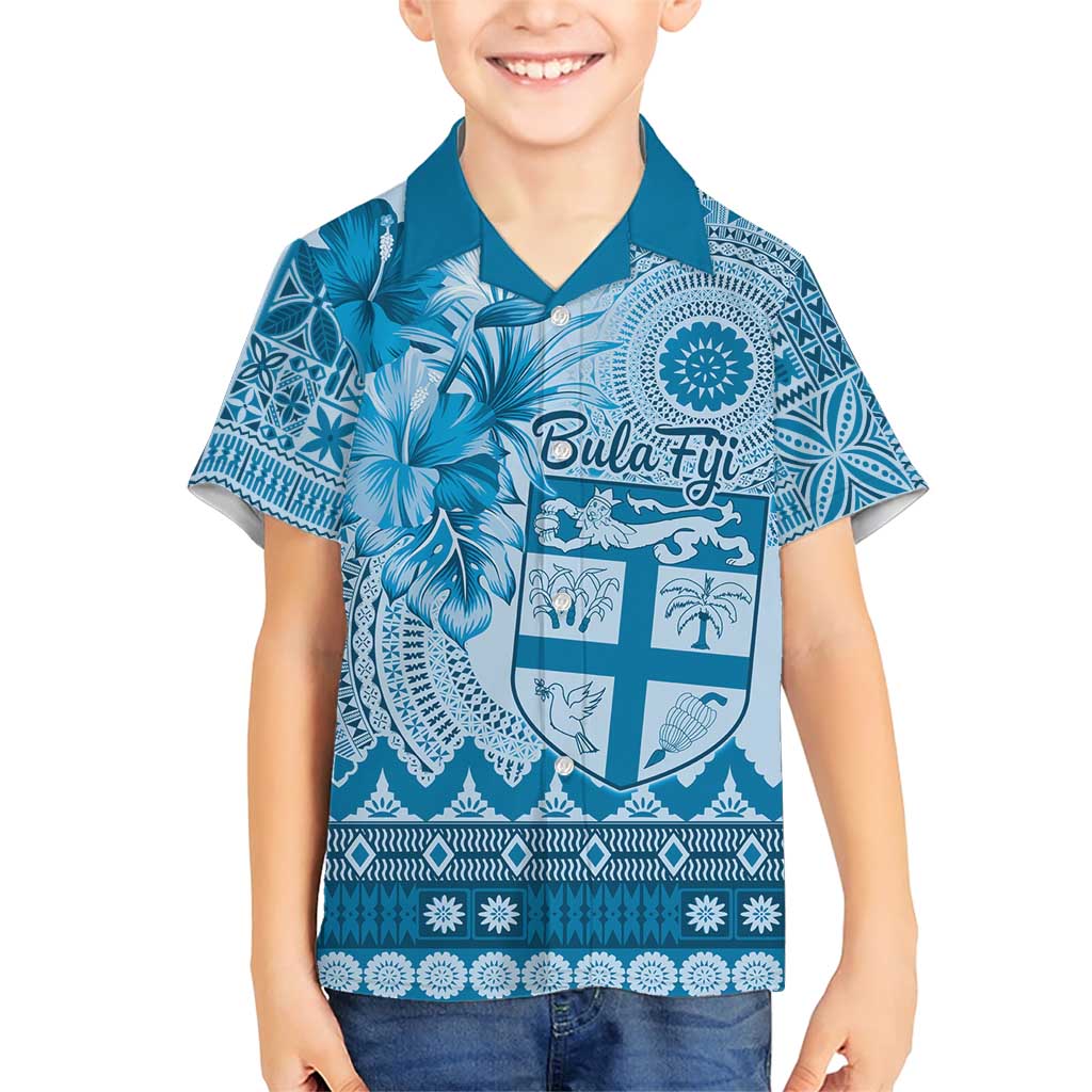 Vintage Bula Fiji Personalised Family Matching Short Sleeve Bodycon Dress and Hawaiian Shirt Blue Hibiscus Tapa Pattern