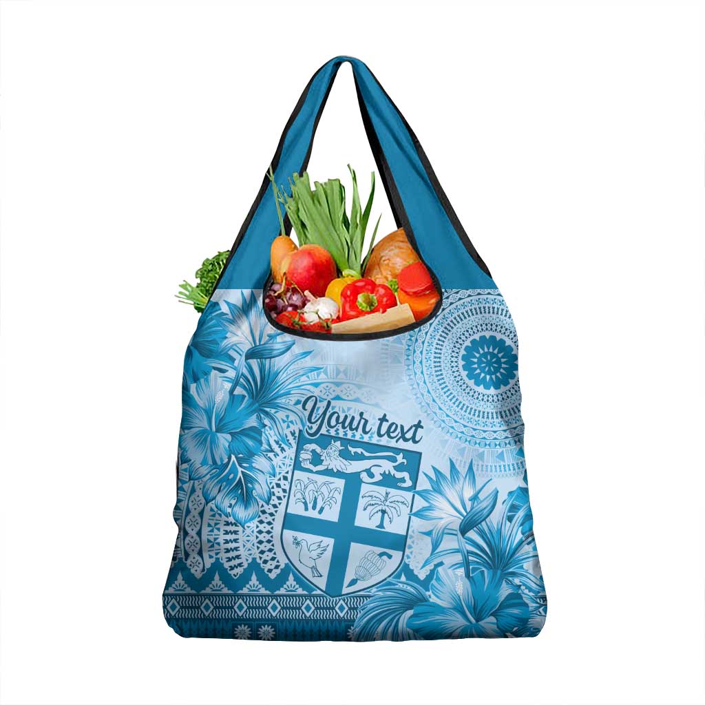 Vintage Bula Fiji Personalised Grocery Bag Blue Hibiscus Tapa Pattern LT9