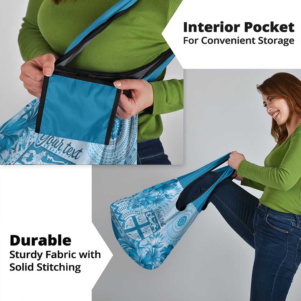 Vintage Bula Fiji Personalised Grocery Bag Blue Hibiscus Tapa Pattern LT9