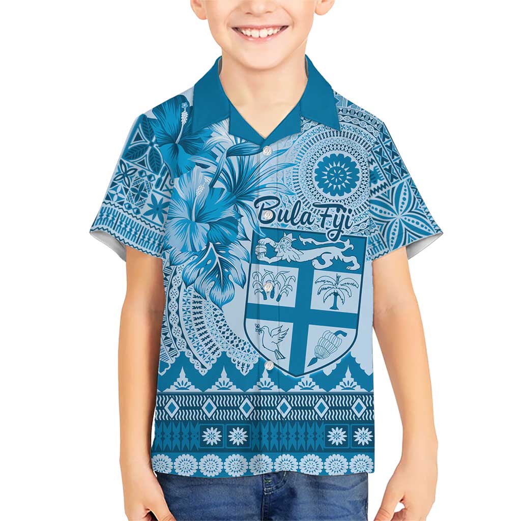 Vintage Bula Fiji Personalised Hawaiian Shirt Blue Hibiscus Tapa Pattern