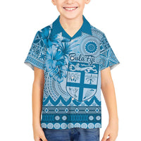 Vintage Bula Fiji Personalised Hawaiian Shirt Blue Hibiscus Tapa Pattern