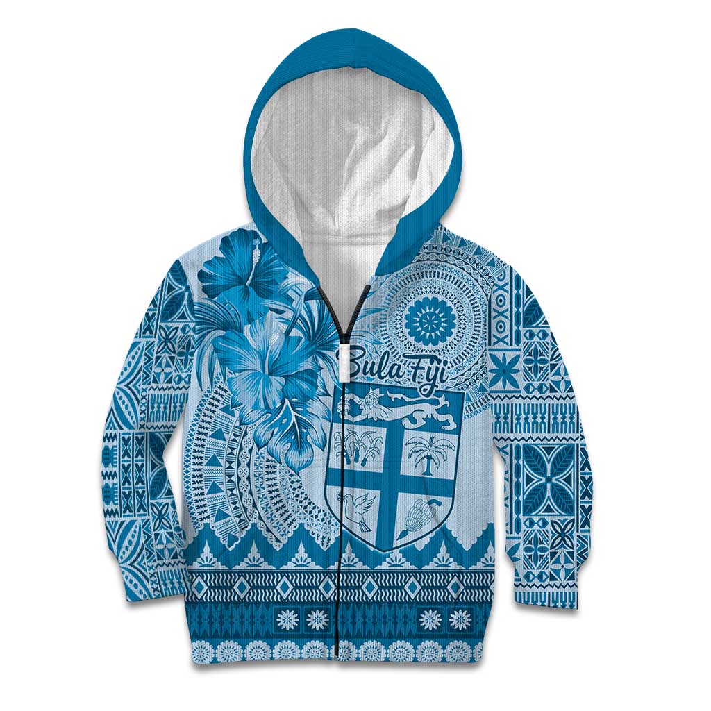 Vintage Bula Fiji Personalised Kid Hoodie Blue Hibiscus Tapa Pattern