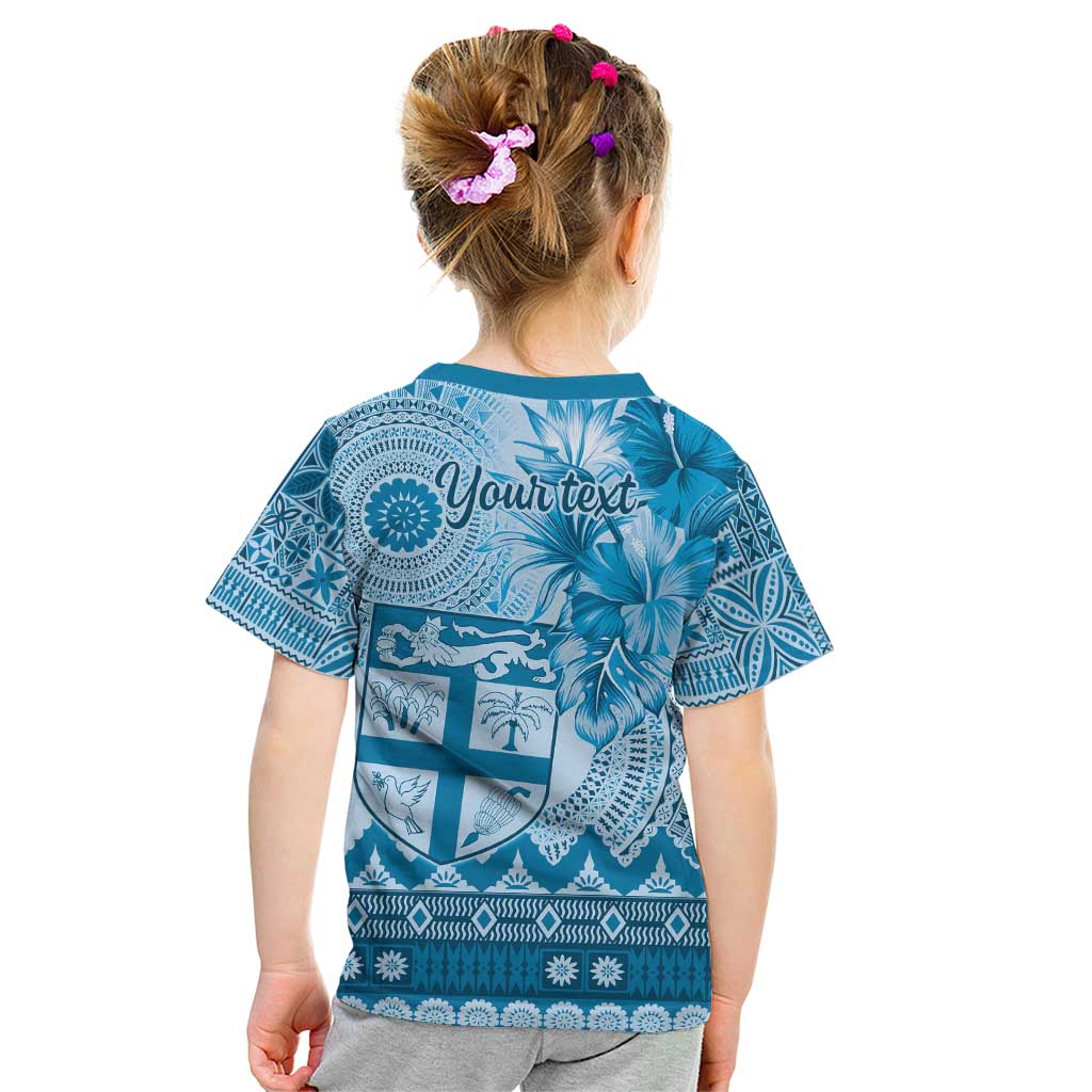 Vintage Bula Fiji Personalised Kid T Shirt Blue Hibiscus Tapa Pattern