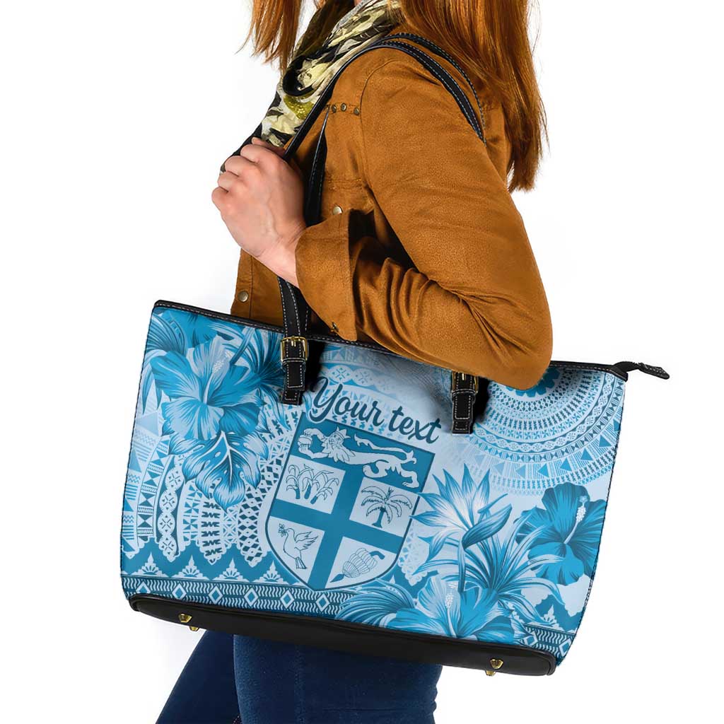 Vintage Bula Fiji Personalised Leather Tote Bag Blue Hibiscus Tapa Pattern LT9