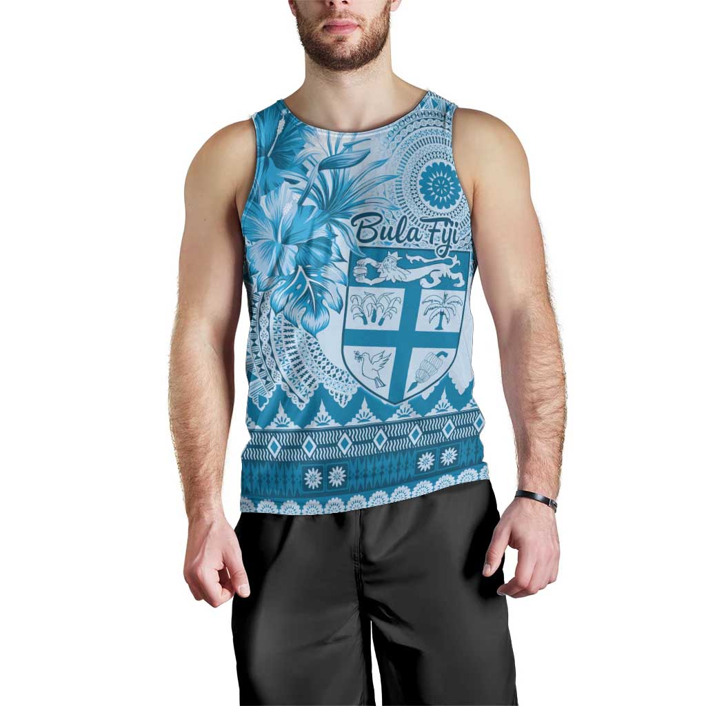 Vintage Bula Fiji Personalised Men Tank Top Blue Hibiscus Tapa Pattern