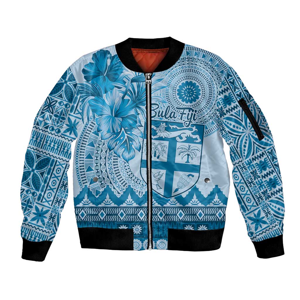 Vintage Bula Fiji Personalised Sleeve Zip Bomber Jacket Blue Hibiscus Tapa Pattern