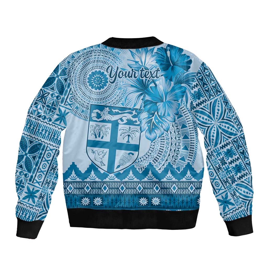 Vintage Bula Fiji Personalised Sleeve Zip Bomber Jacket Blue Hibiscus Tapa Pattern