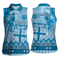 Vintage Bula Fiji Personalised Women Sleeveless Polo Shirt Blue Hibiscus Tapa Pattern