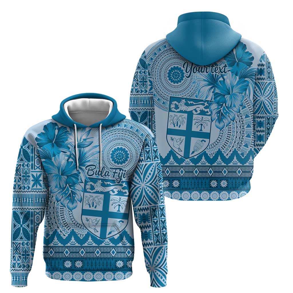 Vintage Bula Fiji Personalised Zip Hoodie Blue Hibiscus Tapa Pattern