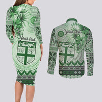 Vintage Bula Fiji Personalised Couples Matching Long Sleeve Bodycon Dress and Long Sleeve Button Shirt Green Hibiscus Tapa Pattern