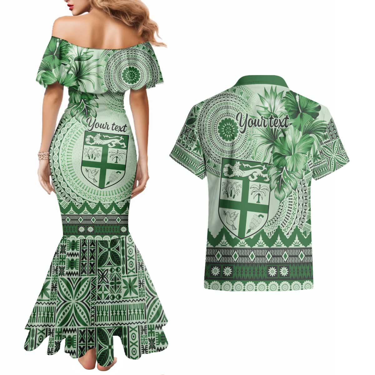 Vintage Bula Fiji Personalised Couples Matching Mermaid Dress and Hawaiian Shirt Green Hibiscus Tapa Pattern