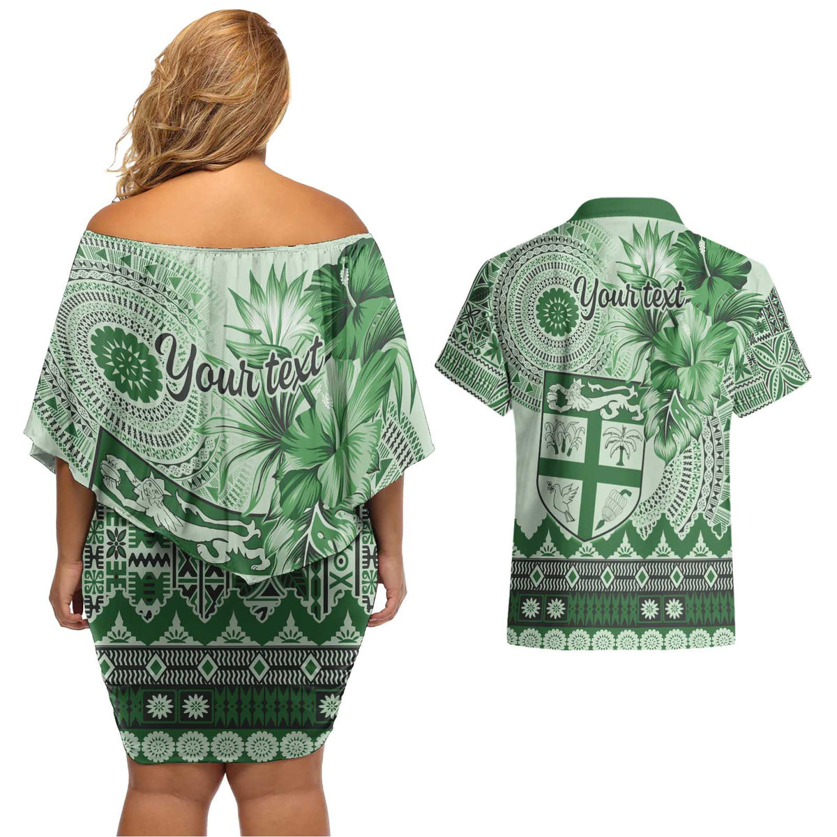 Vintage Bula Fiji Personalised Couples Matching Off Shoulder Short Dress and Hawaiian Shirt Green Hibiscus Tapa Pattern