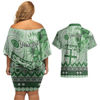 Vintage Bula Fiji Personalised Couples Matching Off Shoulder Short Dress and Hawaiian Shirt Green Hibiscus Tapa Pattern