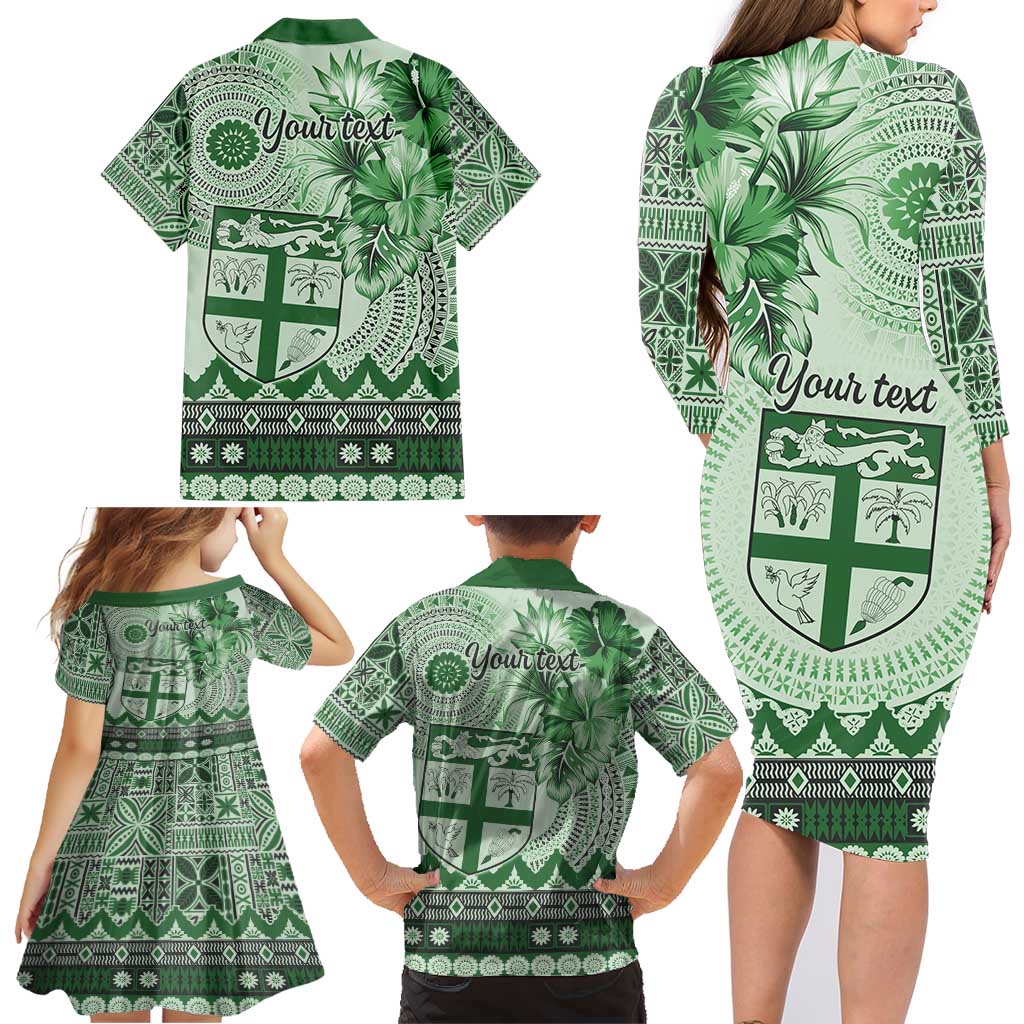 Vintage Bula Fiji Personalised Family Matching Long Sleeve Bodycon Dress and Hawaiian Shirt Green Hibiscus Tapa Pattern