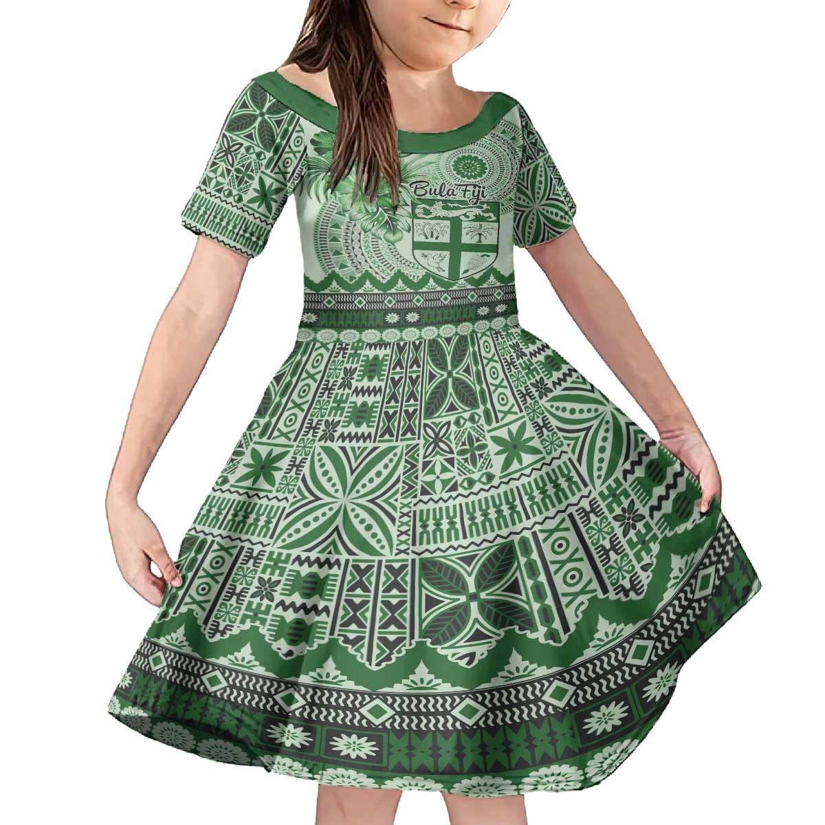 Vintage Bula Fiji Personalised Family Matching Puletasi and Hawaiian Shirt Green Hibiscus Tapa Pattern LT9 Daughter's Dress Green - Polynesian Pride
