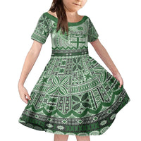 Vintage Bula Fiji Personalised Family Matching Puletasi and Hawaiian Shirt Green Hibiscus Tapa Pattern LT9 Daughter's Dress Green - Polynesian Pride