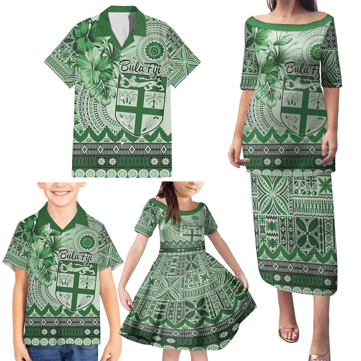 Vintage Bula Fiji Personalised Family Matching Puletasi and Hawaiian Shirt Green Hibiscus Tapa Pattern LT9 - Polynesian Pride