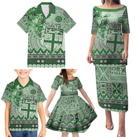 Vintage Bula Fiji Personalised Family Matching Puletasi and Hawaiian Shirt Green Hibiscus Tapa Pattern LT9 - Polynesian Pride