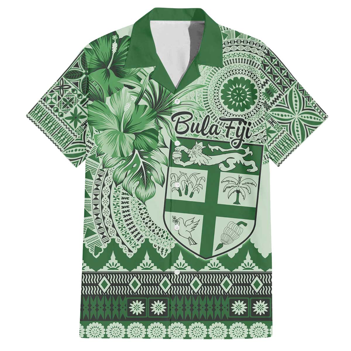 Vintage Bula Fiji Personalised Family Matching Puletasi and Hawaiian Shirt Green Hibiscus Tapa Pattern LT9 Dad's Shirt - Short Sleeve Green - Polynesian Pride