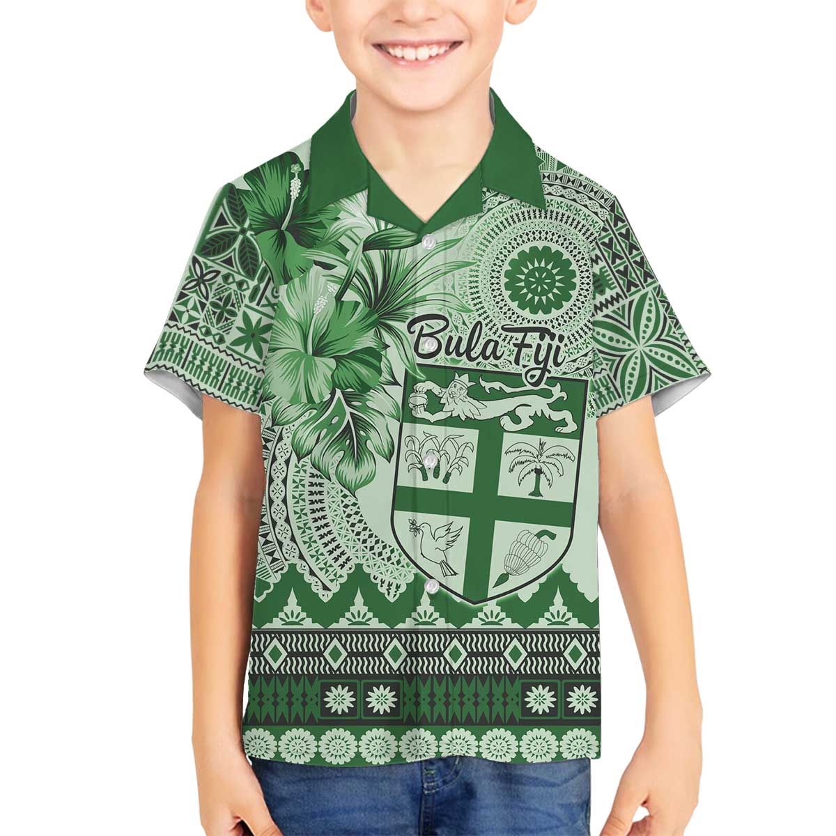 Vintage Bula Fiji Personalised Family Matching Puletasi and Hawaiian Shirt Green Hibiscus Tapa Pattern LT9 Son's Shirt Green - Polynesian Pride
