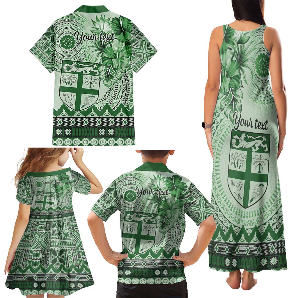 Vintage Bula Fiji Personalised Family Matching Tank Maxi Dress and Hawaiian Shirt Green Hibiscus Tapa Pattern