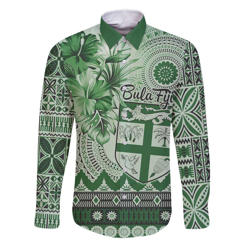 Vintage Bula Fiji Personalised Family Matching Tank Maxi Dress and Hawaiian Shirt Green Hibiscus Tapa Pattern