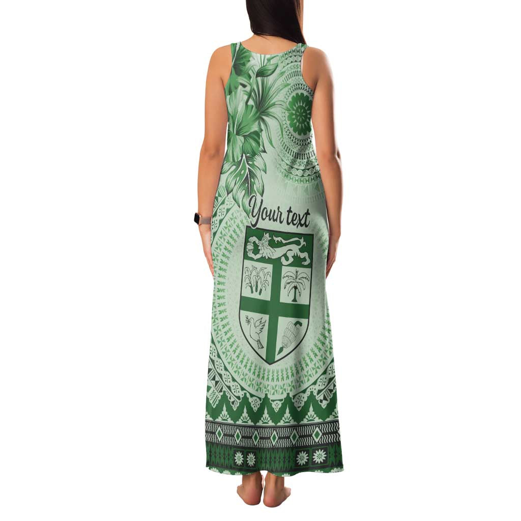Vintage Bula Fiji Personalised Family Matching Tank Maxi Dress and Hawaiian Shirt Green Hibiscus Tapa Pattern