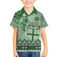 Vintage Bula Fiji Personalised Kid Hawaiian Shirt Green Hibiscus Tapa Pattern