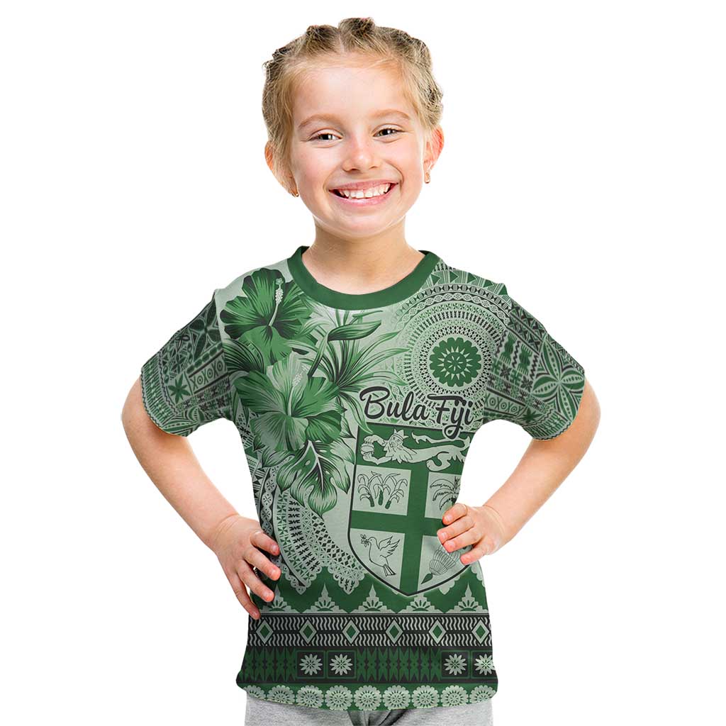 Vintage Bula Fiji Personalised Kid T Shirt Green Hibiscus Tapa Pattern