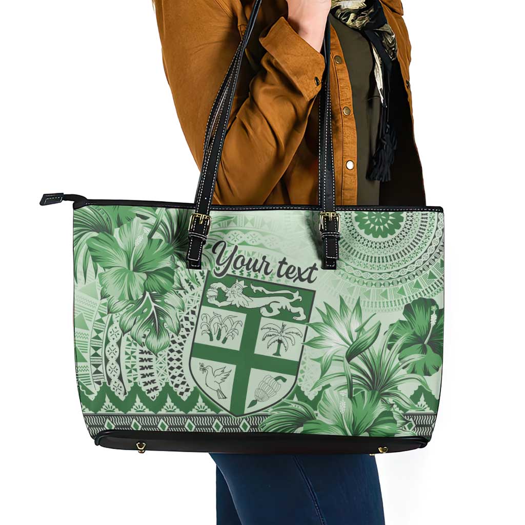 Vintage Bula Fiji Personalised Leather Tote Bag Green Hibiscus Tapa Pattern LT9