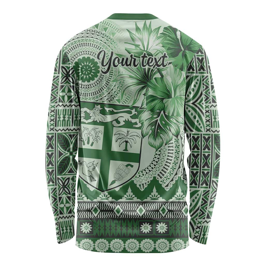 Vintage Bula Fiji Personalised Long Sleeve Shirt Green Hibiscus Tapa Pattern
