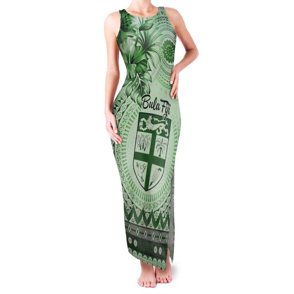 Vintage Bula Fiji Personalised Tank Maxi Dress Green Hibiscus Tapa Pattern