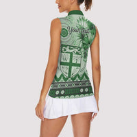 Vintage Bula Fiji Personalised Women Sleeveless Polo Shirt Green Hibiscus Tapa Pattern