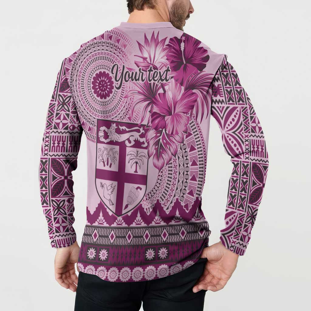 Vintage Bula Fiji Personalised Button Sweatshirt Pink Hibiscus Tapa Pattern