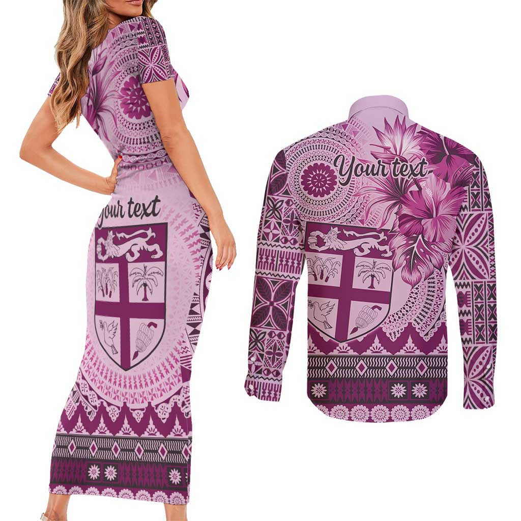 Vintage Bula Fiji Personalised Couples Matching Short Sleeve Bodycon Dress and Long Sleeve Button Shirt Pink Hibiscus Tapa Pattern