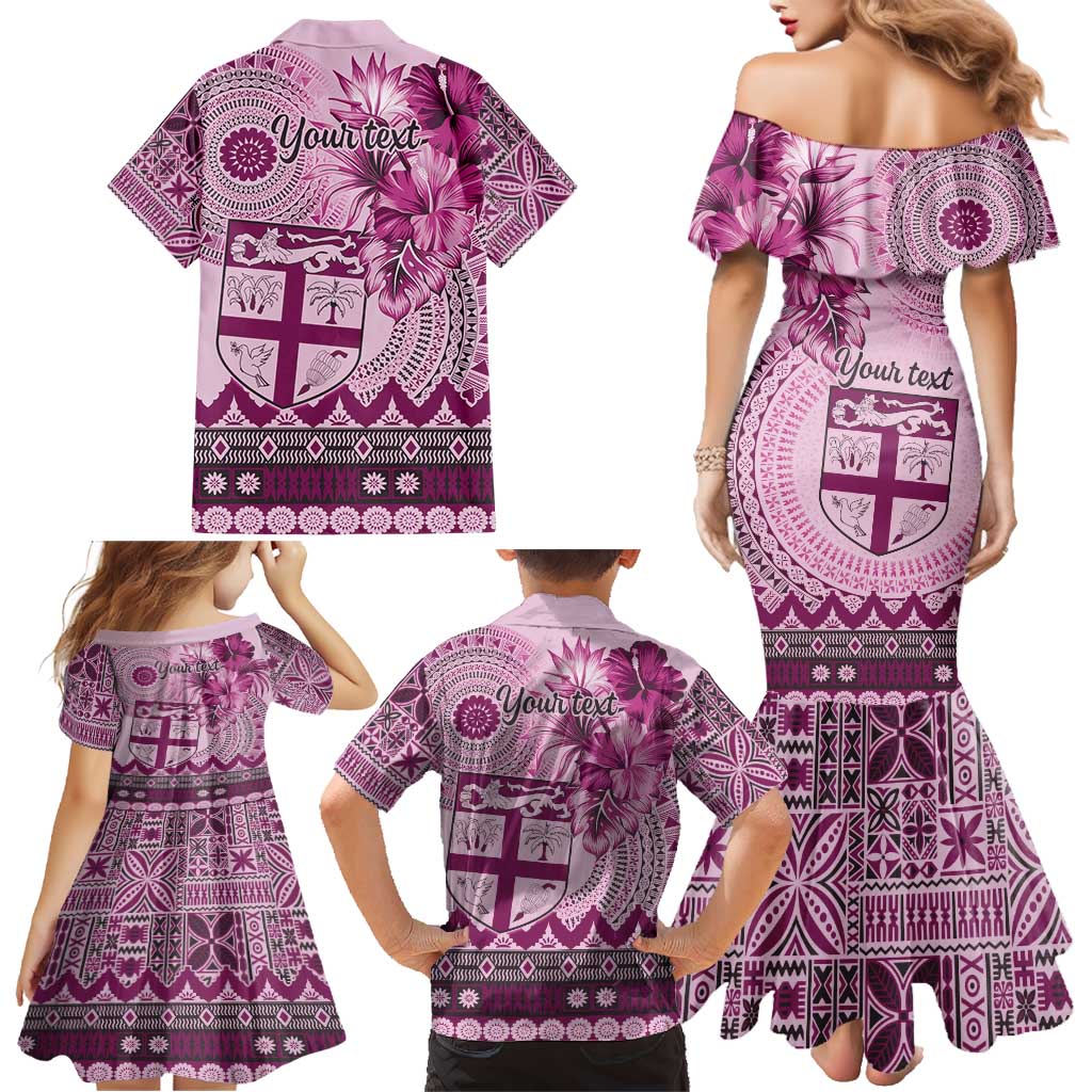 Vintage Bula Fiji Personalised Family Matching Mermaid Dress and Hawaiian Shirt Pink Hibiscus Tapa Pattern